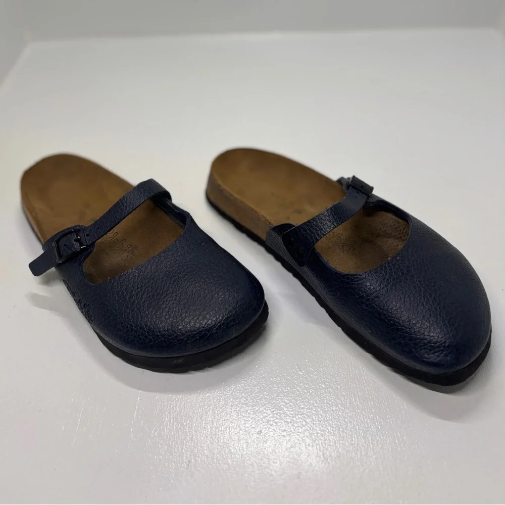 Birkenstock Mary Blue Leather Clogs Women’s 38 US 7 Narrow Strap Buckle - Picture 2 of 11